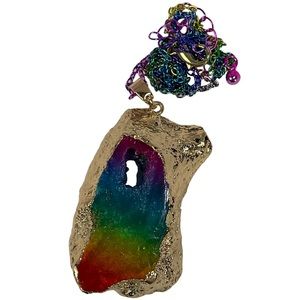 Rainbow Agate Pendant wrapped in gold on rainbow metal chain NEW